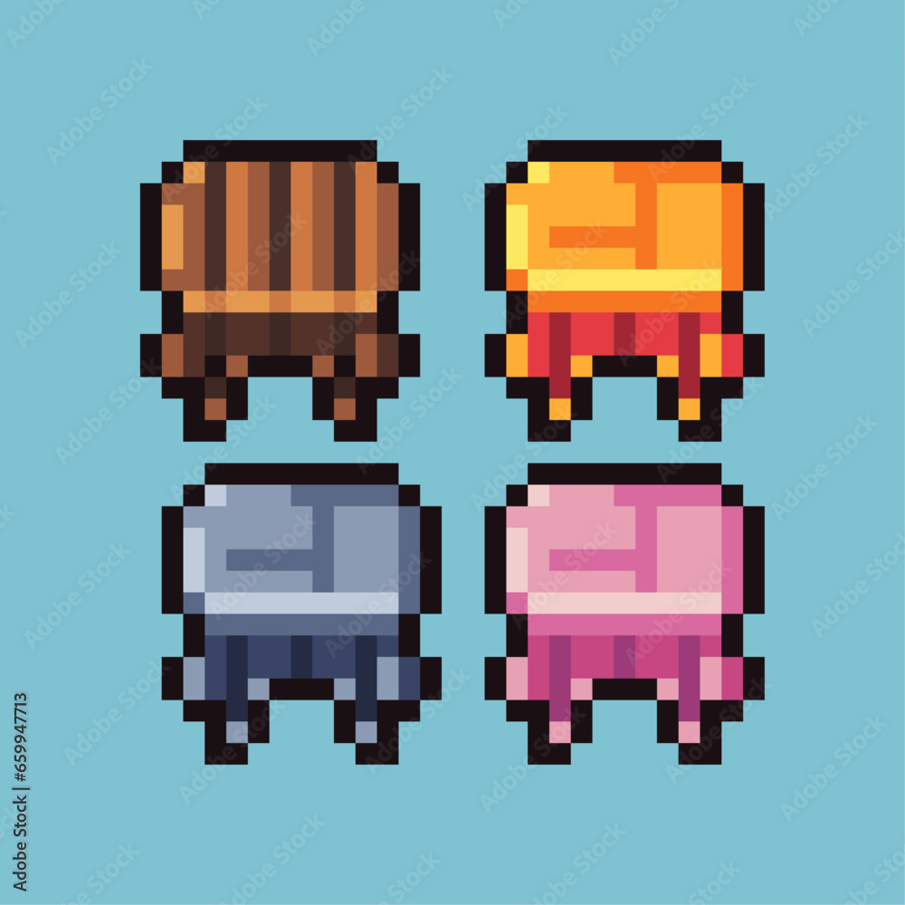 Poster pixel art sets of gold,silver chair decoration with variation color item asset. simple bits of chair
