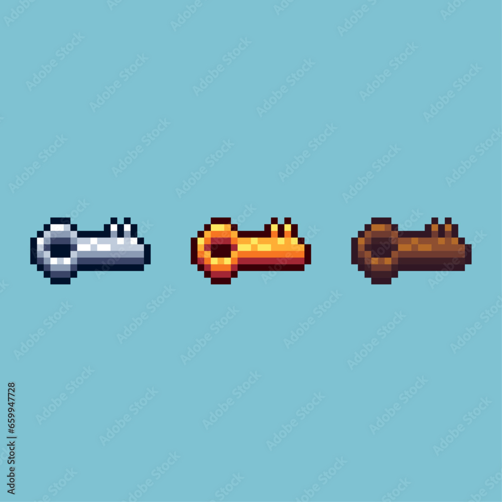 Poster pixel art sets of silver,gold,wood key with variation color item asset. simple bits of gold key on p