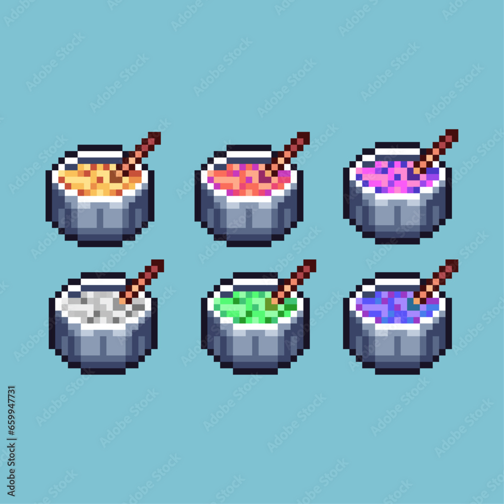 Poster pixel art sets of bowl of noodle with variation color item asset. simple bits of noodle food on pixe