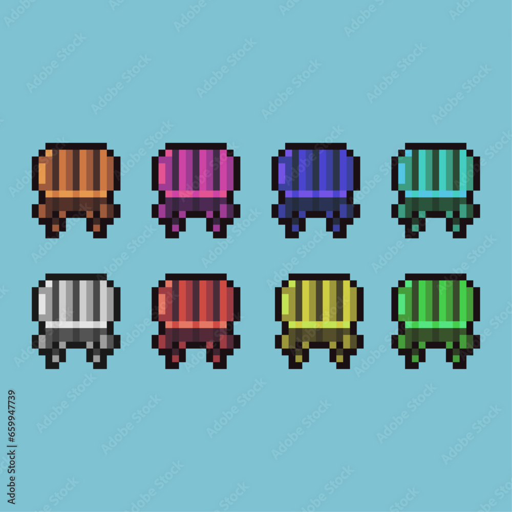 Poster pixel art sets of chair with variation color item asset. simple bits of chair on pixelated style. 8b