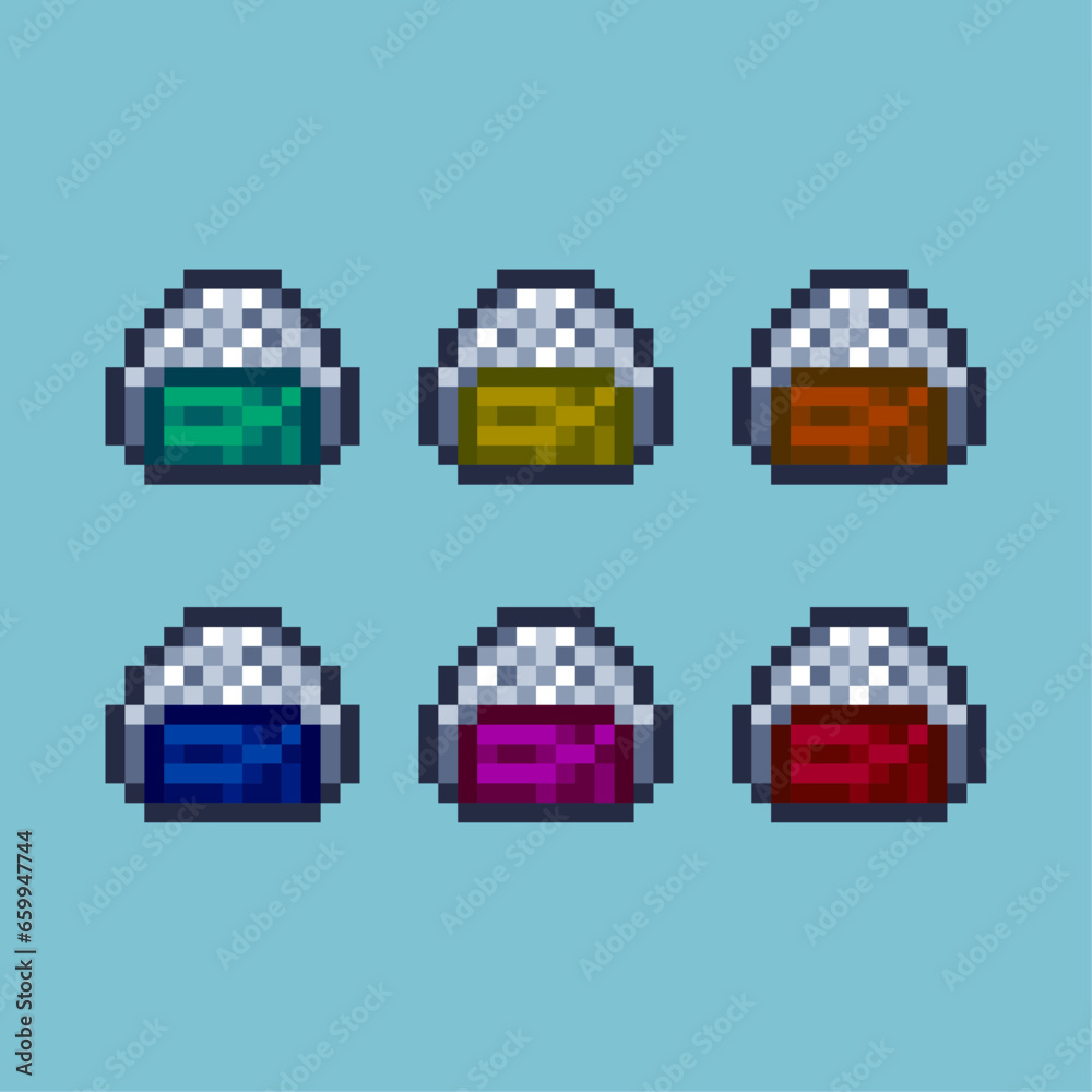 Poster pixel art sets of onigiri food with variation color item asset. simple bits of onigiri on pixelated 