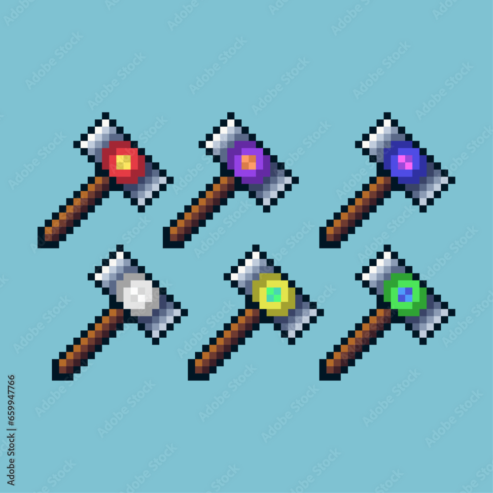 Poster pixel art sets of hammer with variation color item asset. simple bits of hammer on pixelated style. 