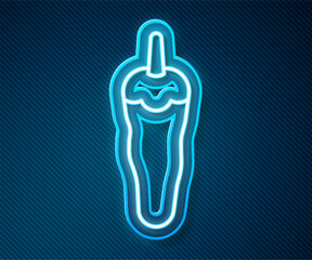 Glowing neon line Hot chili pepper pod icon isolated on blue background. Design for grocery, culinary products, seasoning and spice package, cooking book. Vector