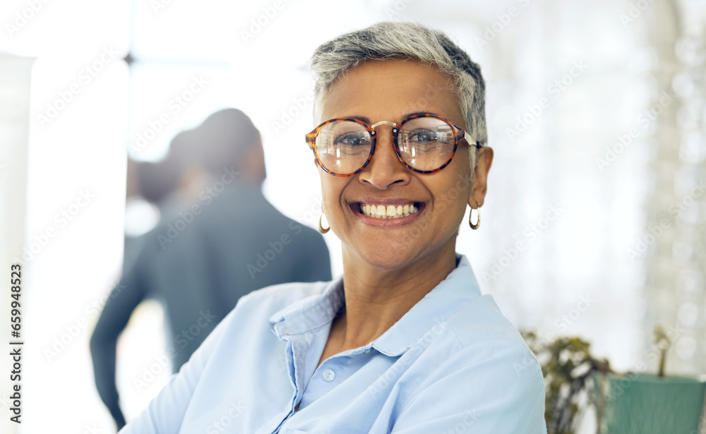 Canvas Prints glasses, smile and store portrait of woman for visual wellness, ophthalmology or eyewear. pride, gla