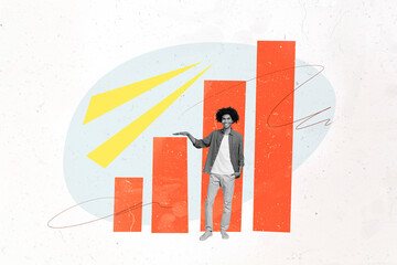 Creative graphics collage image of happy smiling guy showing growing start up presentation isolated white color background