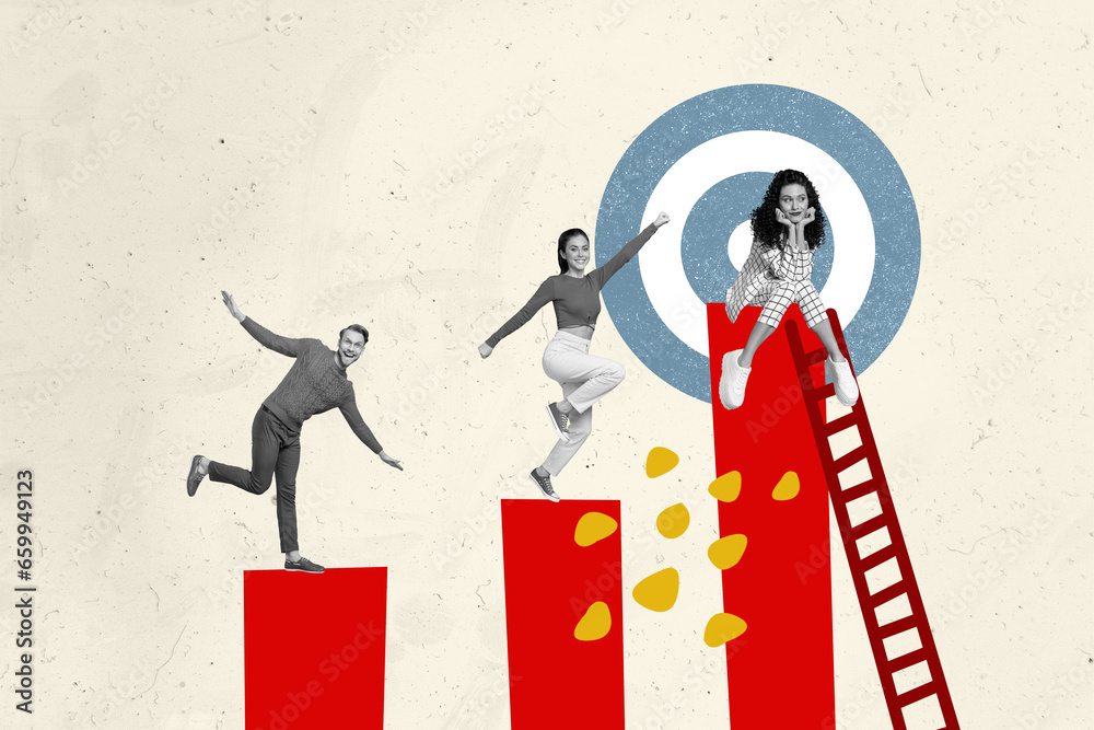 Poster creative collage image of successful team achieving aim step by step isolated beige color background