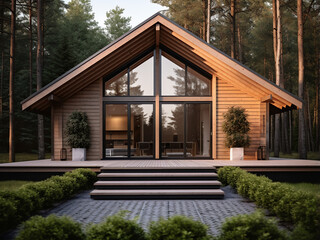 Light wood house exterior highlighting design. AI Generation.