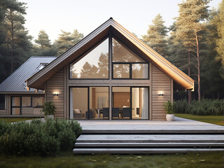 Contemporary charm of light wood house exterior. AI Generation.