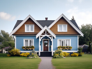 Charming blue house exterior with cozy room design. AI Generation.