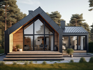 A minimalist loft house exterior with fashionable room decor. AI Generation.