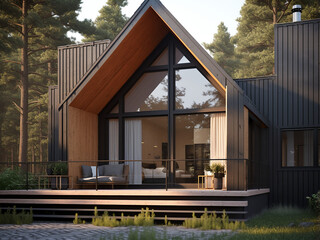 A trendy loft house exterior with comfortable room furnishings. AI Generation.