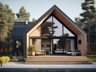 Sleek loft house exterior with sophisticated furniture. AI Generation.