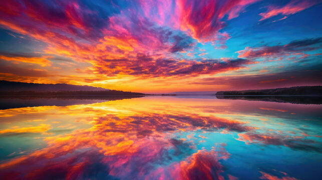 A mesmerizing and vibrant sunset paints the sky with a breathtaking palette of colors, creating a truly enchanting natural masterpiece