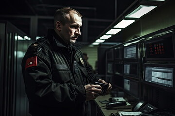 Obraz premium Male security guard using radio transmitter in surveillance room