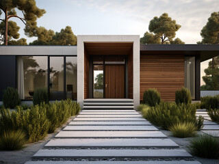 Minimalist modern house exterior and its room. AI Generation.