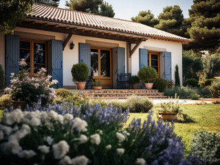 Fototapeta na wymiar Picturesque Provence house exterior with stylish furniture. AI Generation.