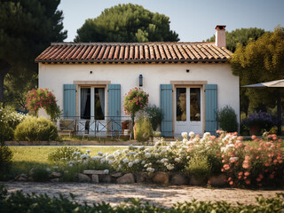 Graceful Provence house exterior and inviting room. AI Generation.