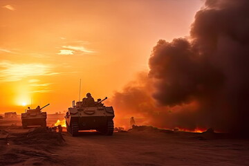 Fototapeta na wymiar soldiers crosses warzone with fire and smoke in the desert, military special forces, tank