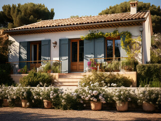 Provence house exterior with charming vintage furniture. AI Generation.