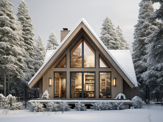 A charming snow house exterior in the woods. AI Generation.