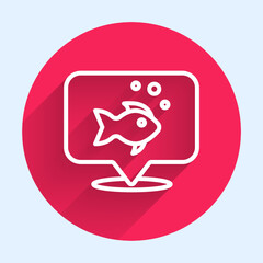 White line Fish icon isolated with long shadow background. Red circle button. Vector