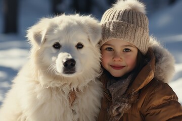 Close-up portrait of a charming little girl in winter parka and knitted hat with a big shaggy dog in winter snowy park. Cute child hugging her adored puppy. Love and affection between child and pet.