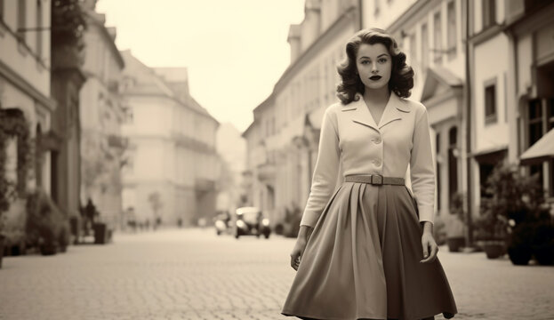 Vintage-inspired model poses on a charming cobblestone street in a quaint European town, capturing the essence of a bygone era with classic fashion and timeless beauty