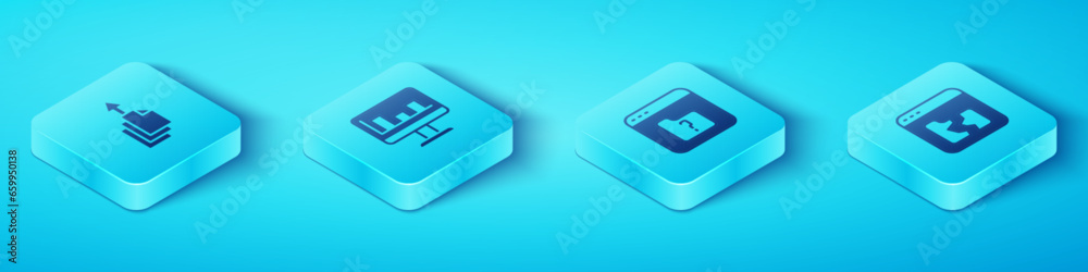 Poster set isometric data export, monitor with graph chart, broken file and file missing icon. vector