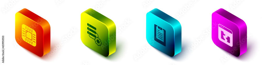 Poster set isometric processor with cpu, server and gear, server, data report and broken file icon. vector