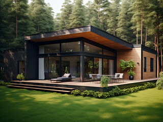 Fototapeta na wymiar Warm wood house exterior with modern design. AI Generation.