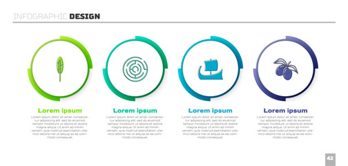 Set Feather pen, Minotaur labyrinth, Greek trireme and Olives branch. Business infographic template. Vector