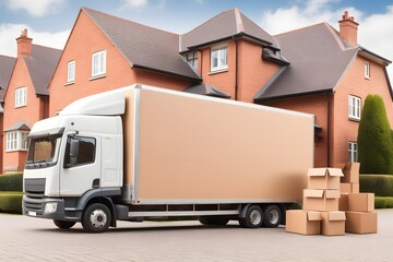 House removal truck with boxes. Van full of moving boxes and furniture near house. Relocation concept, cargo transportation.