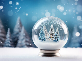 Fototapeta na wymiar A festive Christmas glass ball featuring a miniature tree, set against a wintery background.
