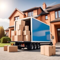 House removal truck with boxes. Van full of moving boxes and furniture near house. Relocation concept, cargo transportation.