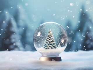 Fototapeta na wymiar A festive Christmas glass ball with a mini tree inside on a snowy winter backdrop.