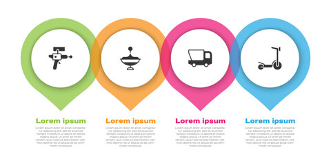 Set Ray gun, Whirligig toy, Toy truck and Roller scooter. Business infographic template. Vector