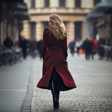 Fashion woman walking away in the autumn city