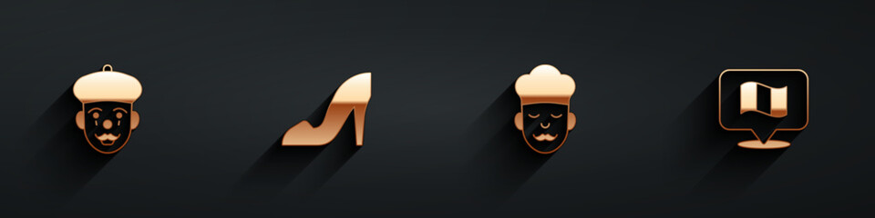 Set French mime, Woman shoe, Cook and Flag France icon with long shadow. Vector