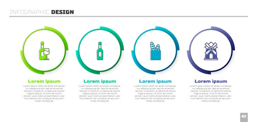 Set Wine bottle with glass, Champagne, French baguette bread and Windmill. Business infographic template. Vector