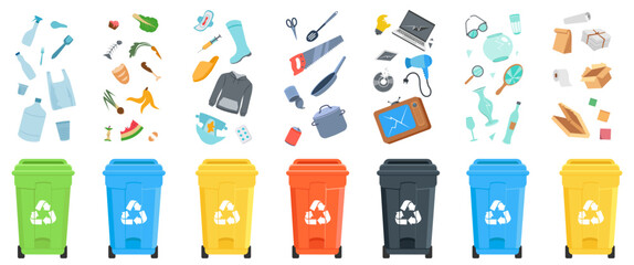 Containers for sorting paper, glass, metal, organic, plastic. Vector illustration.