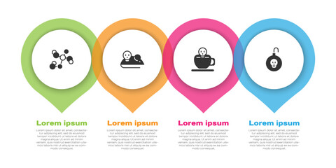 Set Chemical formula, Experimental mouse, Coffee cup with skull and Nuclear bomb. Business infographic template. Vector