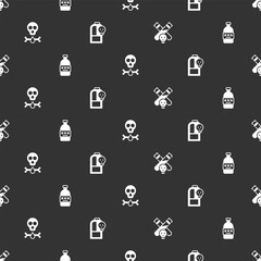 Set Bottle with potion, Poisoned alcohol, Bones and skull and Beaker toxic liquid on seamless pattern. Vector