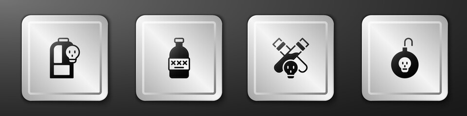 Set Beaker with toxic liquid, Poisoned alcohol, Bottle potion and Nuclear bomb icon. Silver square button. Vector