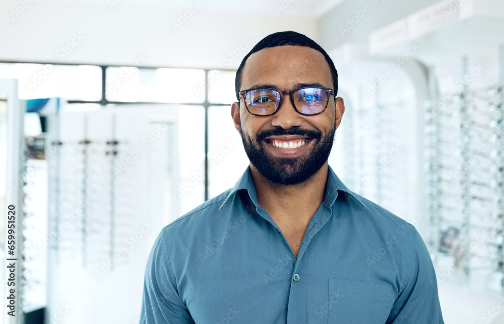 Poster Glasses, optometrist smile and portrait black man for vision healthcare, product sales or ophthalmology service. Eyeglasses customer, store management or African optician happy for eye care support