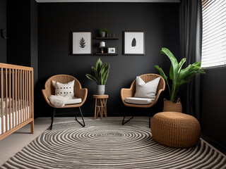 A stylish black nursery room filled with elegant interior design. AI Generation.