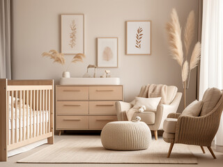 Tranquil beige nursery room filled with charming furniture. AI Generation.