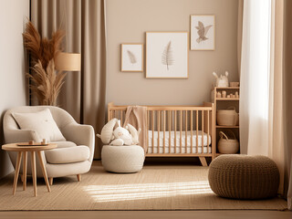 Beige nursery room featuring elegant interior design. AI Generation.