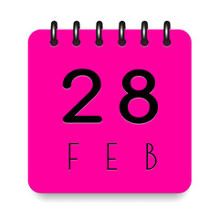 28 day of the month. February. Pink calendar daily icon. Black letters. Date day week Sunday, Monday, Tuesday, Wednesday, Thursday, Friday, Saturday. Cut paper. White background. Vector illustration.