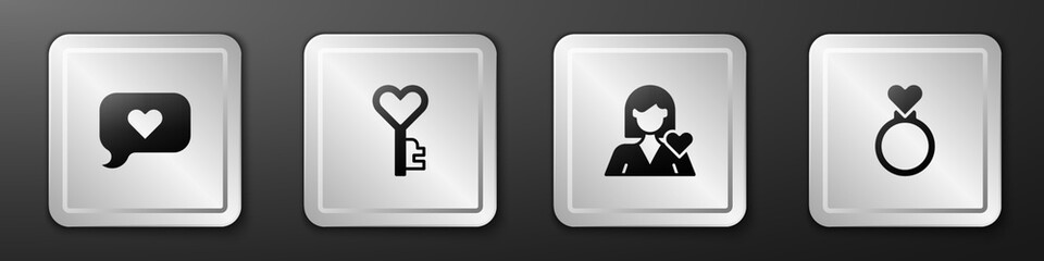 Set Heart in speech bubble, Key heart shape, Romantic girl and Wedding rings icon. Silver square button. Vector