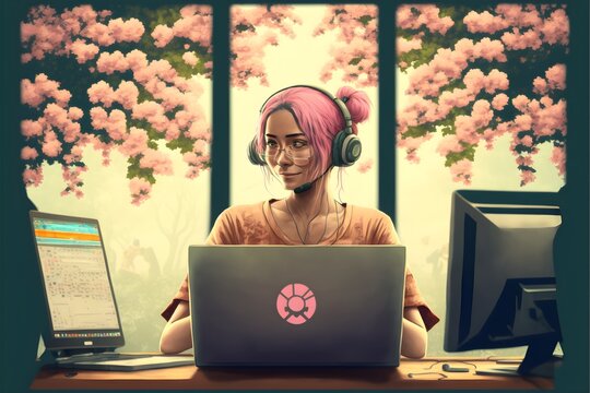 young Japanese woman asian woman sitting at computer cool headphones pink hair happy smiling cherry blossom trees in window asian realistic octane render 